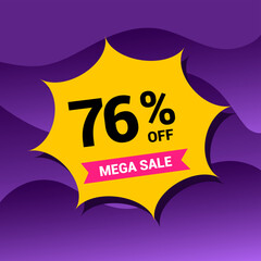 76% sale badge vector illustration on a purple gradient background. Seventy six percent price tag. Yellow and purple.