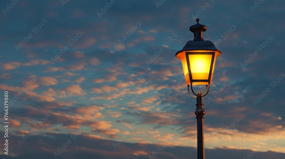 Poster a street lamp is lit up in the evening sky. the sky is cloudy and the light from the lamp is creatin