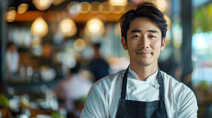 Confident Asian male chef smiling in a restaurant kitchen with warm ambient lighting, portraying professionalism and hospitality