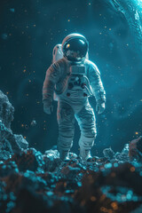 A man in a white space suit stands in front of a rocky surface. The image has a futuristic and otherworldly feel to it