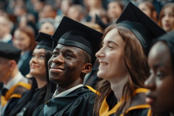 A group of people wearing graduation caps and gowns are sitting in a crowd. Scene is celebratory and happy, as the graduates are smiling and looking forward to their future