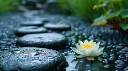 Poster Im Rahmen Tranquil Zen Garden with Massage Stones and Water Lily for Relaxation and Meditation © hisilly