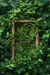 A frame with green moss growing around it. The frame is surrounded by green leaves and branches