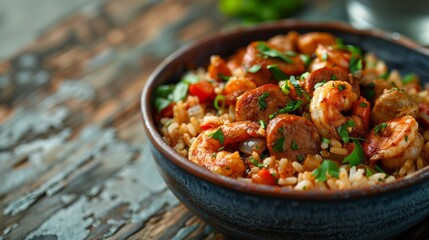 Savory shrimp jambalaya in a rustic bowl, garnished with herbs, representing traditional Creole cuisine, ideal for culinary themes and Mardi Gras celebrations