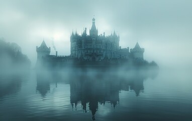 The misty castle stood tall and mysterious on the hill, its ancient walls shrouded in a veil of fog. - obrazy, fototapety, plakaty