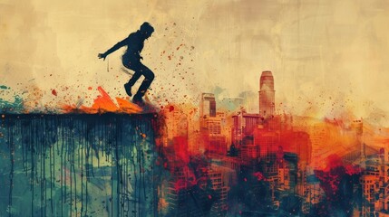 Urban daredevil leaps across rooftops, his silhouette framed by the vibrant graffiti that adorns the cityscape.