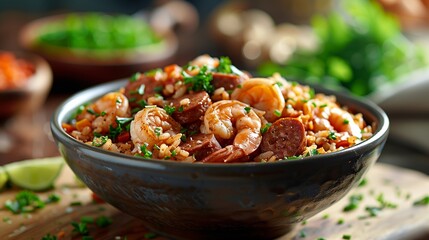 Gourmet Cajun jambalaya with shrimp and sausage, garnished with parsley in a bowl, an ideal representation of Southern cuisine - obrazy, fototapety, plakaty