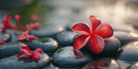 A red flower is on top of a pile of black rocks. The flower is surrounded by water and the rocks are wet. The image has a calming and peaceful mood, as the combination of the flower