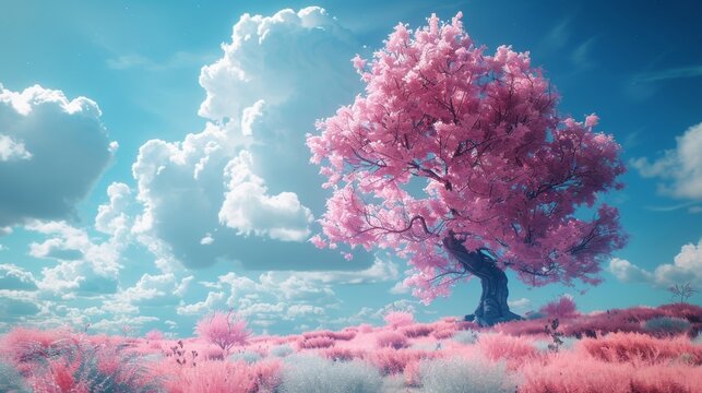 A magical tree of dreams stands tall in a surreal landscape, its pink and blue hues casting a spell of wonder and enchantment.