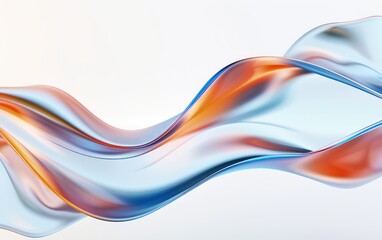 Fototapeta premium 3D rendering of fluid metallic wavy shapes with a blue and orange gradient on a white background, featuring smooth and elegant curves floating in the air. The minimalistic design creates a sense of mo