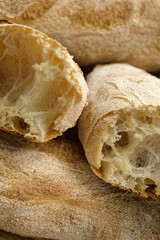 Pieces of baguette, traditional long French wheat bread