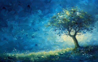 Artistic oil painting depicting trees as the main subject, creating a stunning visual background. - obrazy, fototapety, plakaty