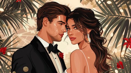 Chic wedding couple vector illustration ideal for capturing the essence of modern romance and celebration. - obrazy, fototapety, plakaty