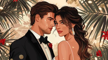 Fotobehang Chic wedding couple vector illustration ideal for capturing the essence of modern romance and celebration. © taelefoto