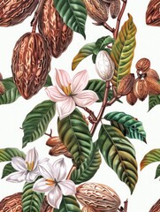 A drawing of a tree with flowers and nuts. The drawing has a natural and organic feel to it