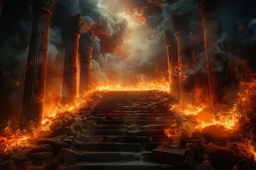 The flames dance on ancient pillars, casting eerie shadows on the stone steps leading to the fiery...