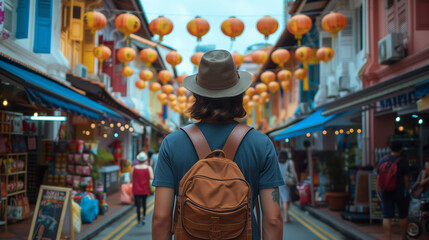 A traveler with a leather backpack stands amidst a vibrant street decorated with Chinese lanterns,...