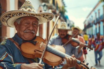 A man wearing a sombrero is playing a violin. He is smiling and he is enjoying himself