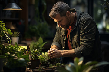 Young man gardener environmentalist caring for plants in greenhouse, surrounded by plants and pots. - obrazy, fototapety, plakaty