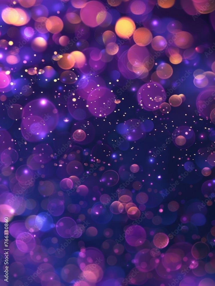 Poster a purple background with many small purple and blue circles. the circles are scattered all over the 