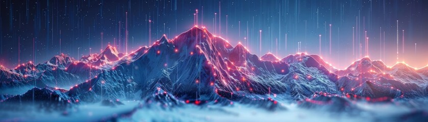 Reaching the pinnacle of business success is like climbing a mountain, illuminated by neon dots guiding the way. - obrazy, fototapety, plakaty