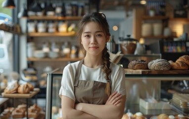 Female entrepreneur and baker runs her own coffee shop and bakery, showcasing her skills as a successful small business owner.