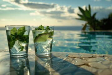 Two glasses of a drink with a lime wedge in it are on a table by a pool. The drink is a mojito, and the glasses are filled with ice. The image conveys a relaxed and leisurely atmosphere