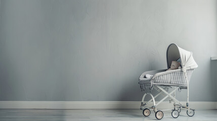 A modern baby carriage, also known as a pram, is positioned near a light grey wall, providing ample space for text. - obrazy, fototapety, plakaty