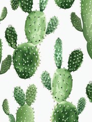 A painting of a bunch of cacti with a green background. The cacti are all different sizes and are all facing different directions. The painting has a calming and peaceful mood