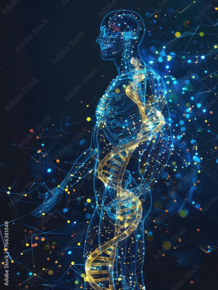 Poster a man's skeleton is shown in a blue and yellow color scheme. the skeleton is surrounded by a web of 