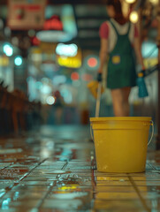 A woman is walking down a wet street with a yellow bucket in her hand. The bucket is filled with water and a mop. The scene is blurry and has a moody atmosphere