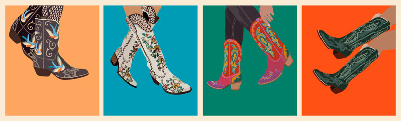 Set of different female legs wearing fashionable cowgirl boots. Traditional western cowboy boots decorated with embroidered wild west ornament. Realistic vector illustration isolated. - obrazy, fototapety, plakaty