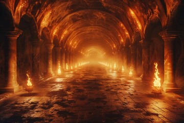 Creepy labyrinth of ancient catacombs, flickering torches casting eerie shadows. A chilling, dream-like vision. 3D artwork. - obrazy, fototapety, plakaty