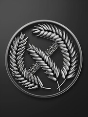 A silver coin with wheat leaves on it. The leaves are arranged in a circle and the coin is oval in shape