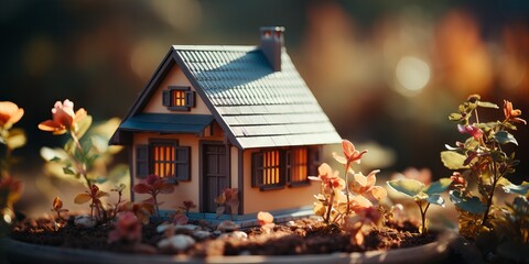 Miniature of a two-story house with solar panels on the roof. Concept: Sales in the real estate segment, construction projects, ecological housing, architectural modeling