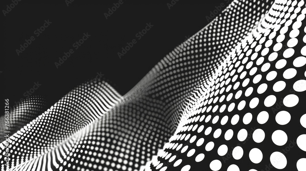 Poster a black and white image of a wave with white dots. concept of motion and energy, as if the wave is c