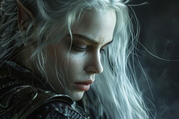 3D rendered portrait of a fierce dark elf warrior with white flowing hair, ready for fantasy battle.