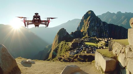 Behold the stunning panorama of a drone hovering above the ancient ruins and archaeological wonders of Machu Picchu - obrazy, fototapety, plakaty