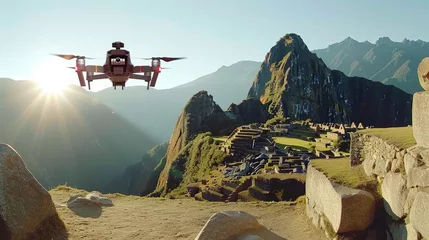 Photo sur Plexiglas Machu Picchu Behold the stunning panorama of a drone hovering above the ancient ruins and archaeological wonders of Machu Picchu