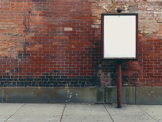 A white sign is standing in front of a brick wall. The sign is empty and the wall is covered in...