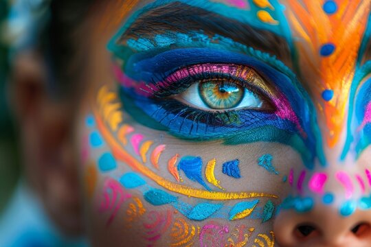 Captivating image of a vibrant young woman adorned with vivid, artistic makeup and body paint.