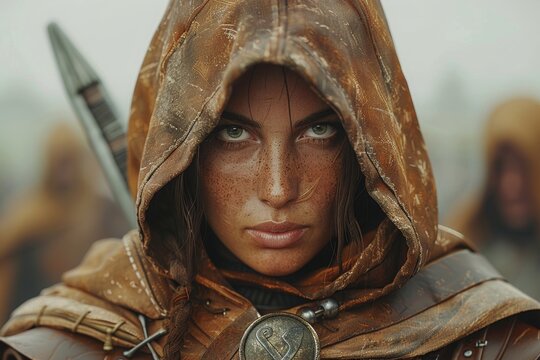 Fantasy female Ranger in leather armor and hooded cloak, patrols homeland with sword in hand. 3D rendered image.