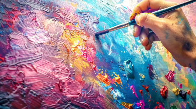 Artist's hand painting vivid canvas textures