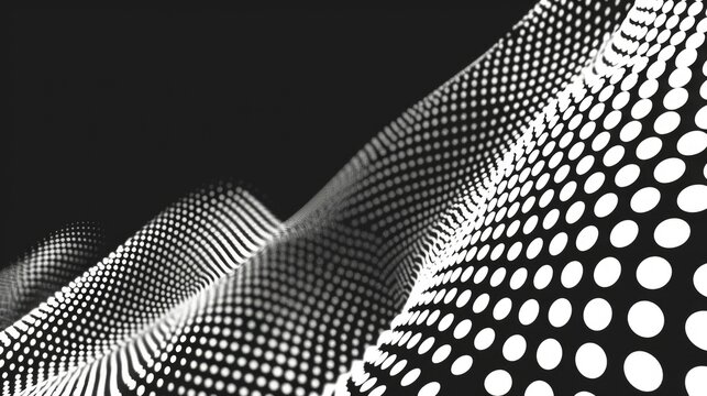 A black and white image of a wave with white dots. Concept of motion and energy, as if the wave is constantly changing and evolving. The dots add a sense of depth and texture to the image