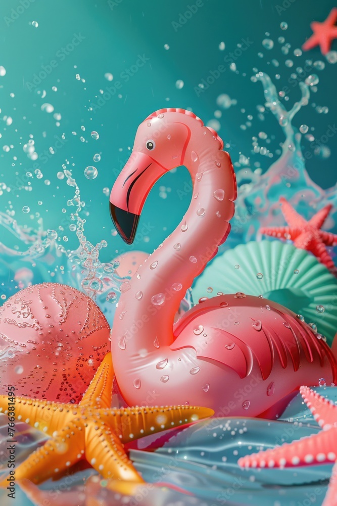 Poster a pink flamingo is floating in a pool of water with a bunch of seashells and a starfish