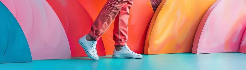 Male legs in a circular stack on a pastel geometric background create a modern, urban vibe for a...