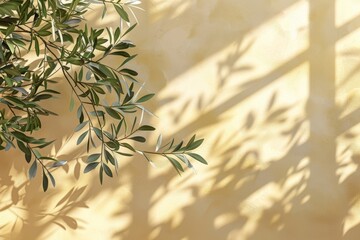 Olive branch shadows create a serene Mediterranean mood in a minimalist summer setting, perfect for a tranquil interior space.
