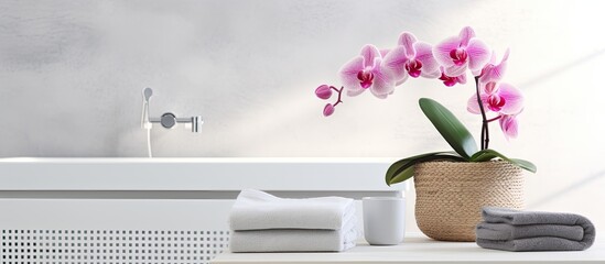 A magenta orchid in a flowerpot sits on a shelf by a bathtub. The beautiful houseplant adds a touch of elegance to the buildings decor