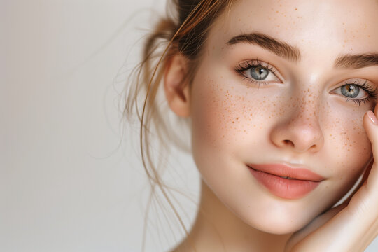 Radiant Youth: A Fresh-Faced Young Woman With Freckles in a High-Resolution Close-Up Portrait