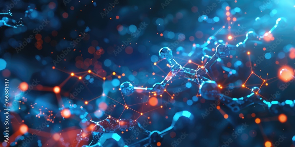 Poster a colorful image of a molecule with a blue background. the molecule is made up of many small circles